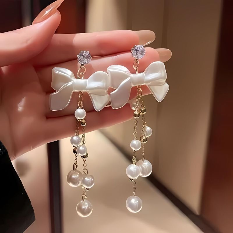 JJK57 Ladies Bow Pearl Tassels Earrings