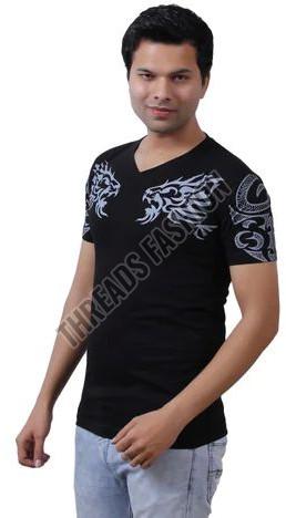 Mens Printed Cotton V Neck T Shirt