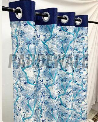 Swiss Blue Leaflets Printed Curtain