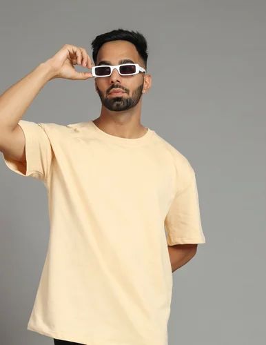 Mens Cream Round Neck Cotton T-Shirt