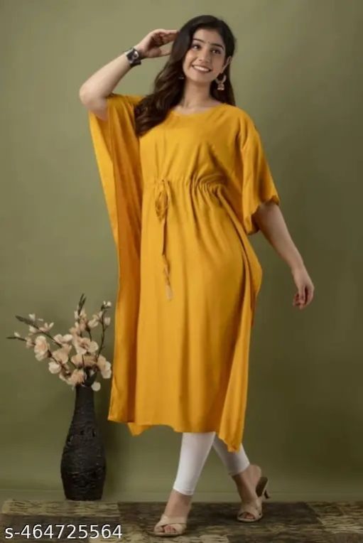 Women Mustard White Acrylic Solid Kaftan