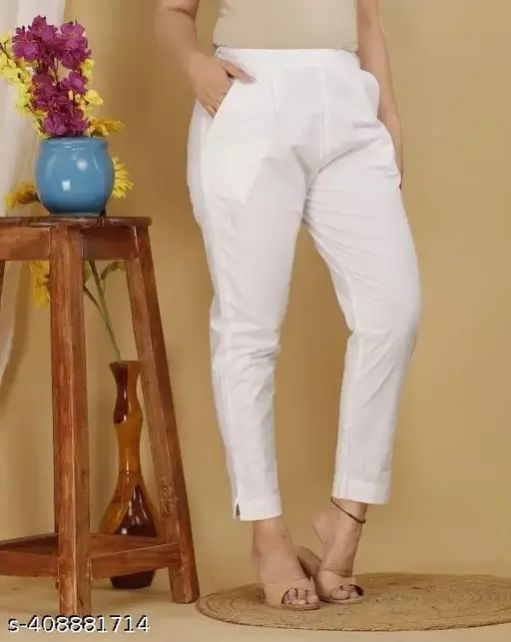 Women Regular Fit White Pure Cotton Trousers Pant