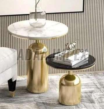 Golden Cylindrical Base Marble & Black Top Side Table Set