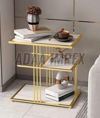 Golden Vertical Bar Frame Dual Shelf Side Table