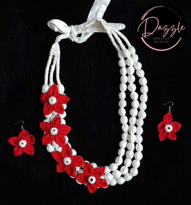 Ladies Red Floral Bead Ribbon Jewelry Set