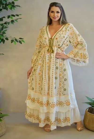 Handmade Embroidered V Neck Cotton A-Line Maxi Dress