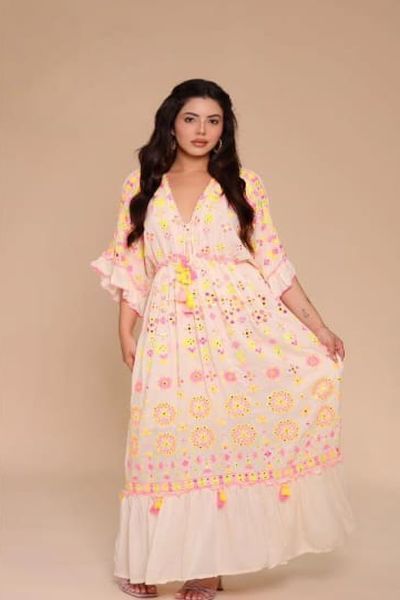 Ladies Cotton Printed V Neck A-Line Maxi Dress