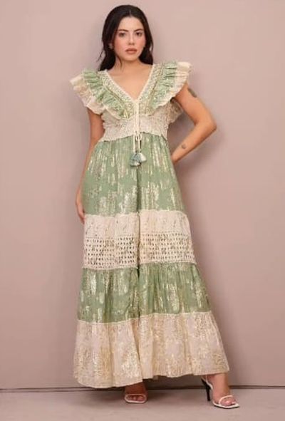 Ladies Cream and Green Cotton Frill Sleeveless A-Line Maxi Dress