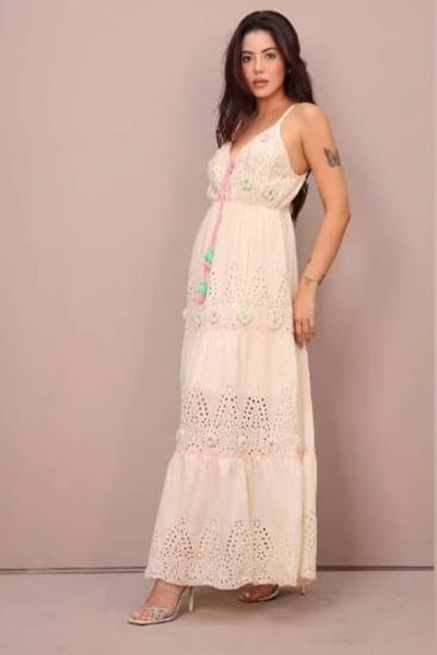 Ladies Cream Cowl Neck Cotton A-Line Maxi Dress