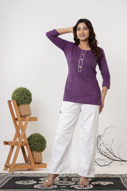 Ladies Purple Printed Full Sleeve Cotton Short Kurti