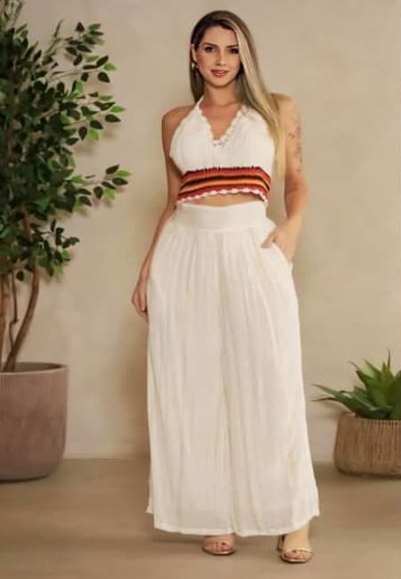 Ladies White Crochet Halter Neck With Palazzo Co-Ord Set