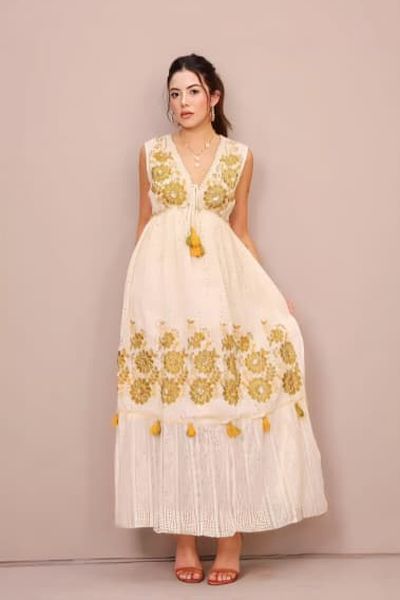 White and Green Floral Printed V Neck Cotton A-Line Maxi Dress