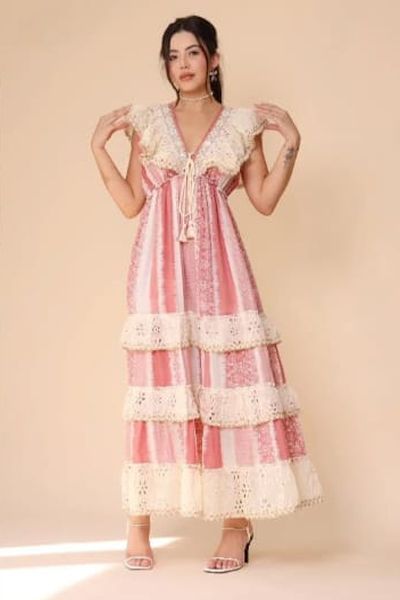 White and Pink Printed V Neck Cotton Frill A-Line Maxi Dress