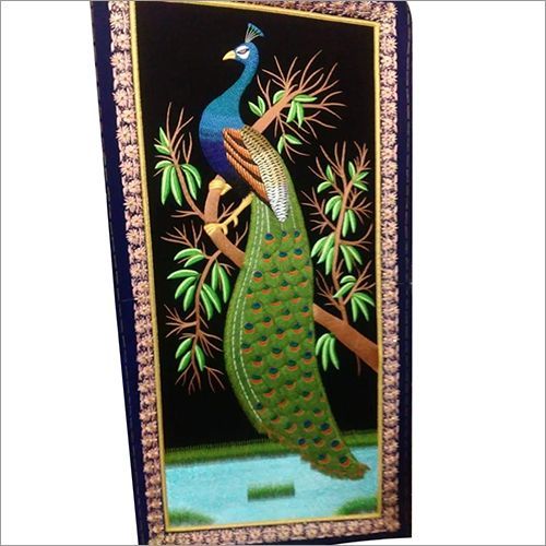 Silk Thread Embroidered Peacock Wall Hanging Jewel Carpet