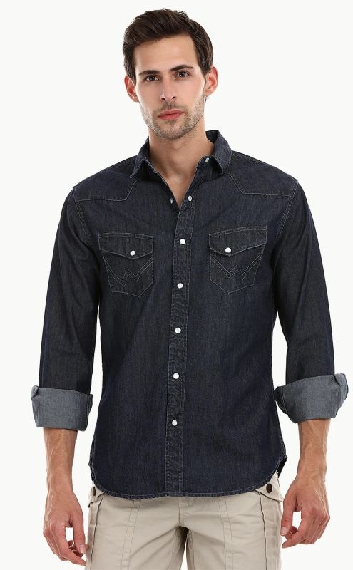 Men Casual Snap Button Denim Shirt