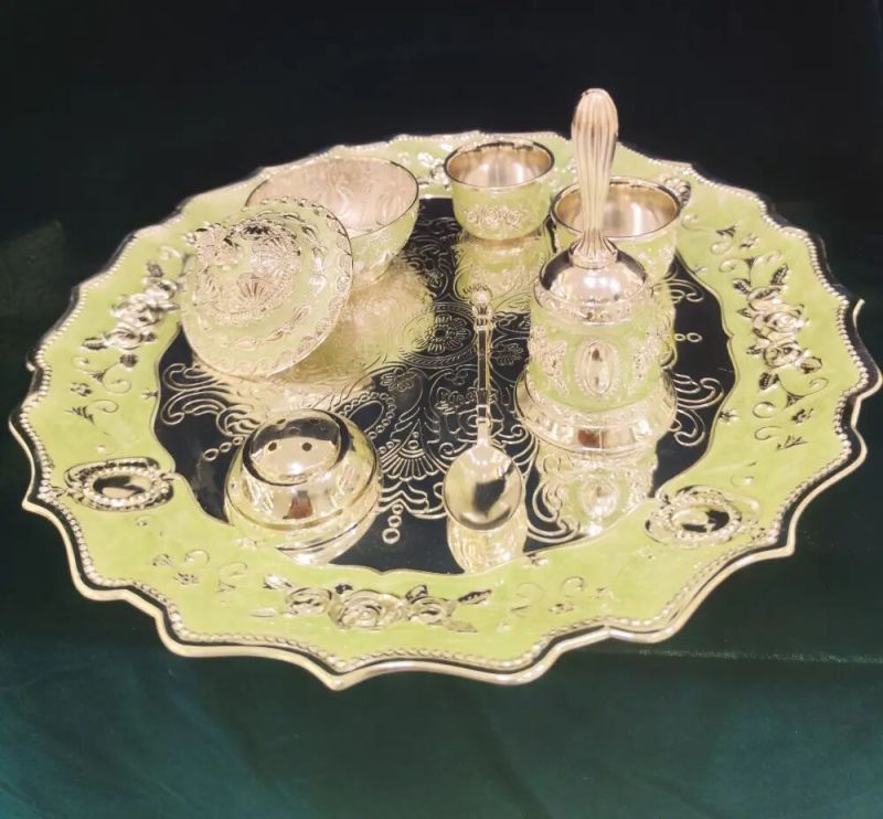 Blue Enamel Silver-Plated Pooja Thali Set