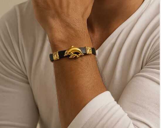 Classic Dolphin Charm Black Gold Mens Bracelet