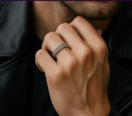 Textured Platinum Men’S Ring with Bold Geometric Finish