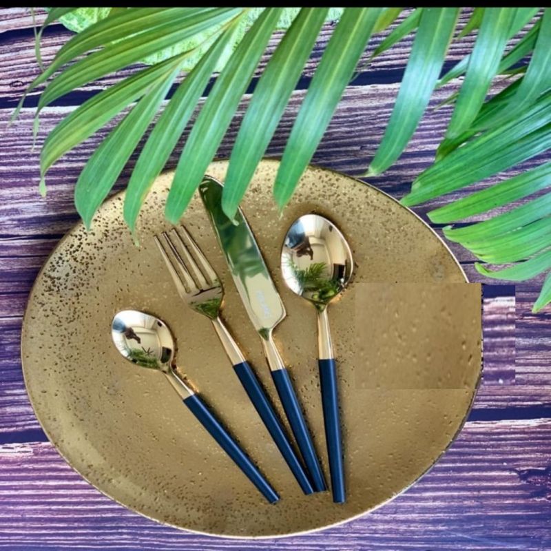 Golden And Blue Handle Cutlery Set With Round Plate
