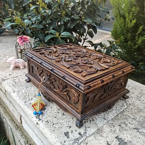 Rectangular Hand Carved Wooden Chest