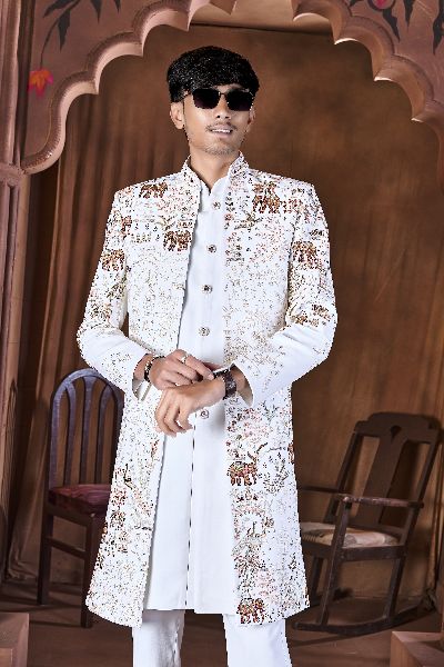 Printed Velvet Indowestern Suits, Color : White