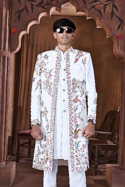 Printed Polyester Mens Sherwani, Color : Creamy