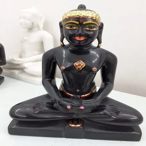 Polished Black Marble Mahavir Swami Statue for Worship