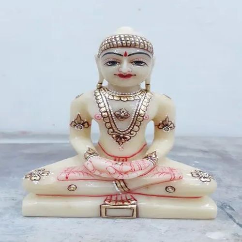 Polished Carved Marble Mahavir Swami Statue, Color : White for Worship