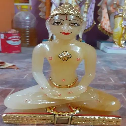 Polished Carved Handmade Marble Mahavir Swami Statue, Color : Creamy