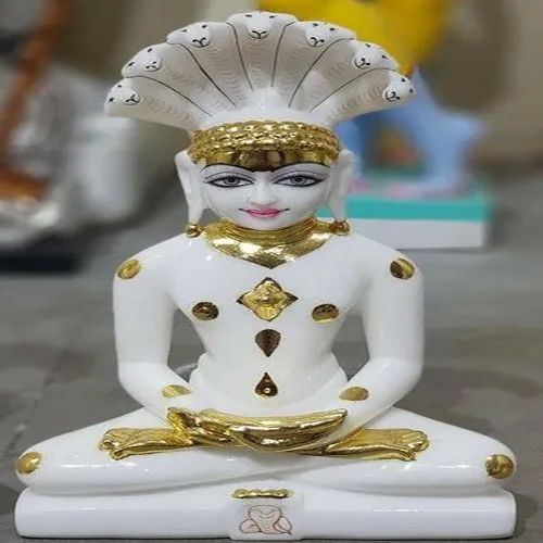 Polished Carved Marble Parshwanath Statue, Color : White, Golden