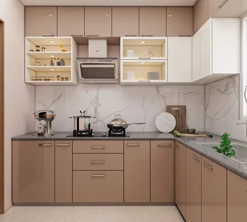 Wooden Modular L Shape Kitchen Setup
