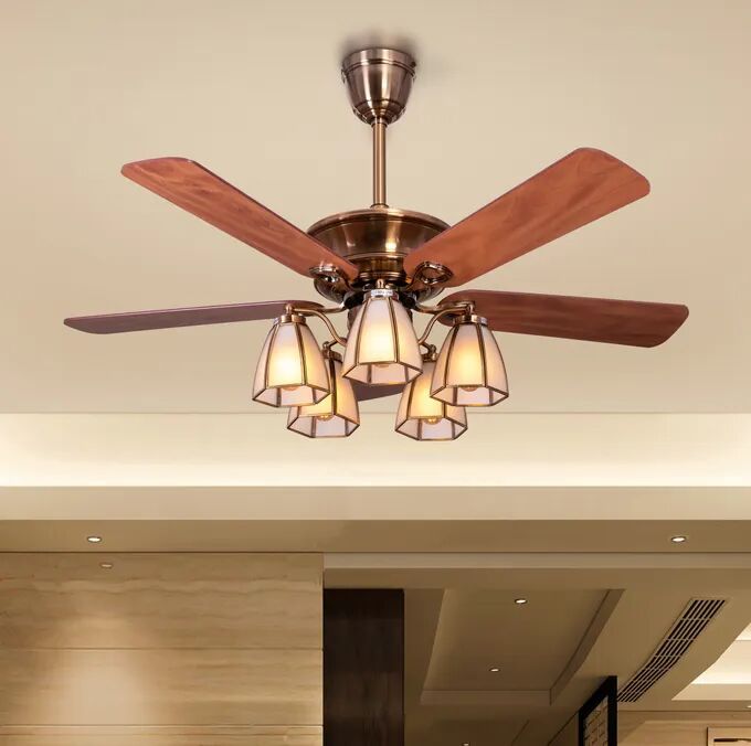 Gold Plated Body Teak Finish MDF Blades Chandelier Ceiling Fan