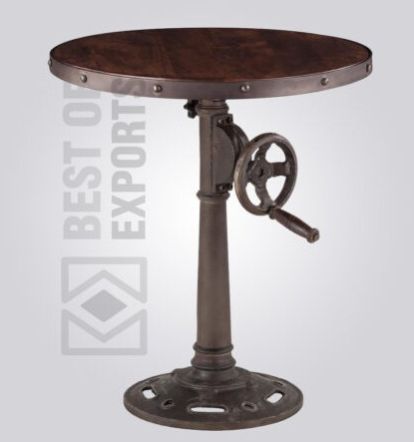 Wood Metal Distressed Round Crank Dining Table