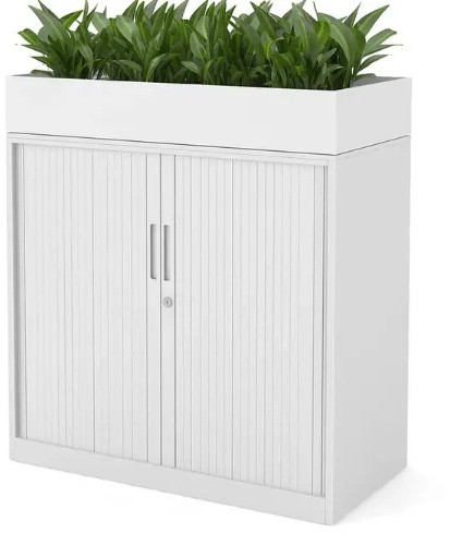 Modern White File Cabinet With Planter & Sliding Doors For Office