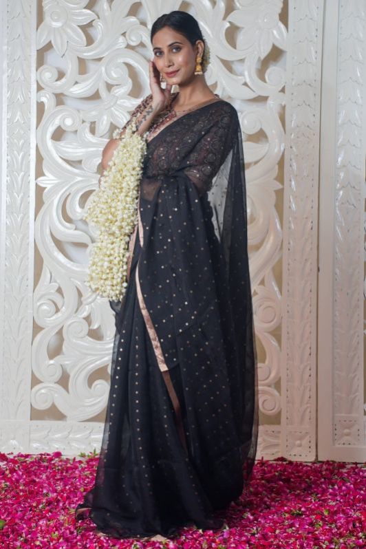 Suryasavitri Black Pure Organza Saree with Buti Work