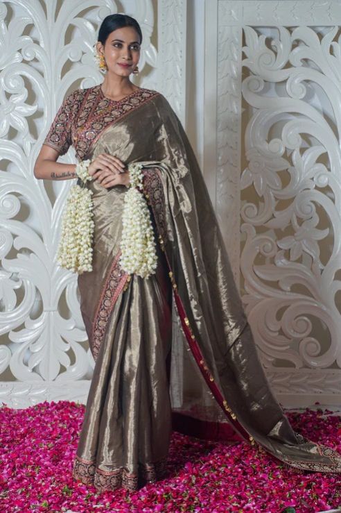 Vanadurgai Grey Banarasi Silk Saree with Embroidery