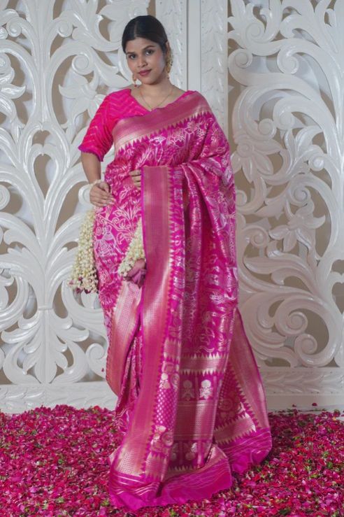 VANDANA SILKS BANARAS  Karunamayi Pink Pure Banarasi Silk Saree with Jaal Work