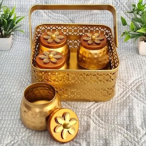 Metal Gold Lotus Dry Fruit Hamper Jar