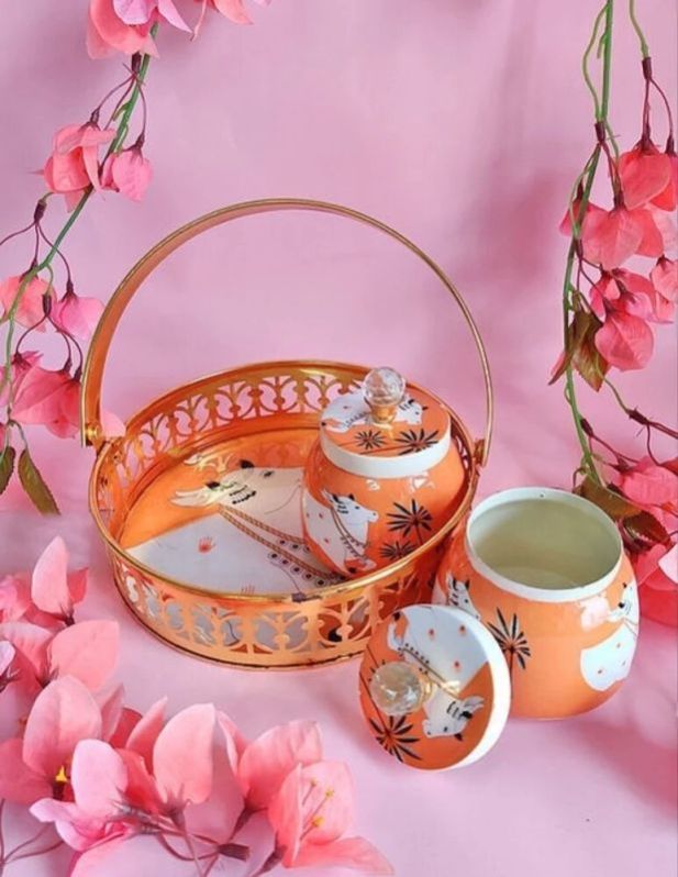 Orange Material: Metal Pichwai Printed Gift Hamper Basket with Jar