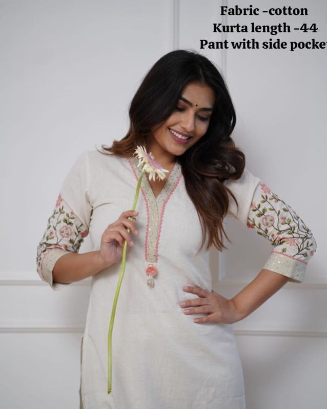 White Embroidery Thread Work Cotton Kurta Set