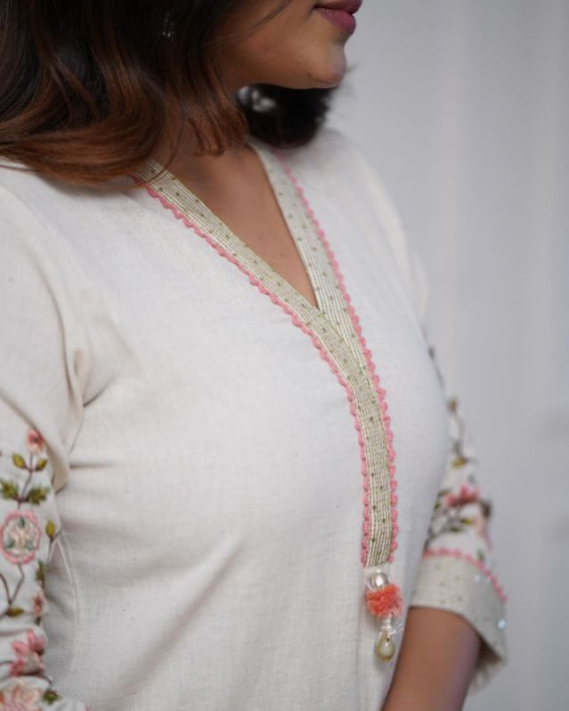 White Embroidery Thread Work Cotton Kurta Set