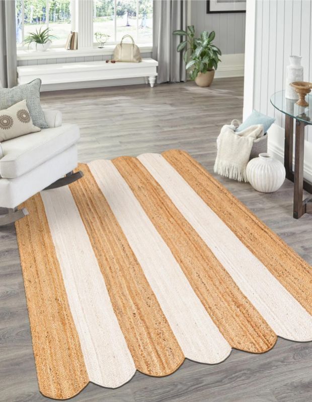 Natural and Ivory Hand Scallop Braided Jute Rug