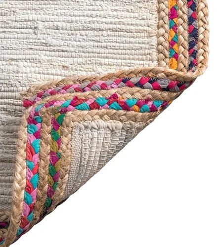 Off White and Multicolor Border Jute Cotton Rug