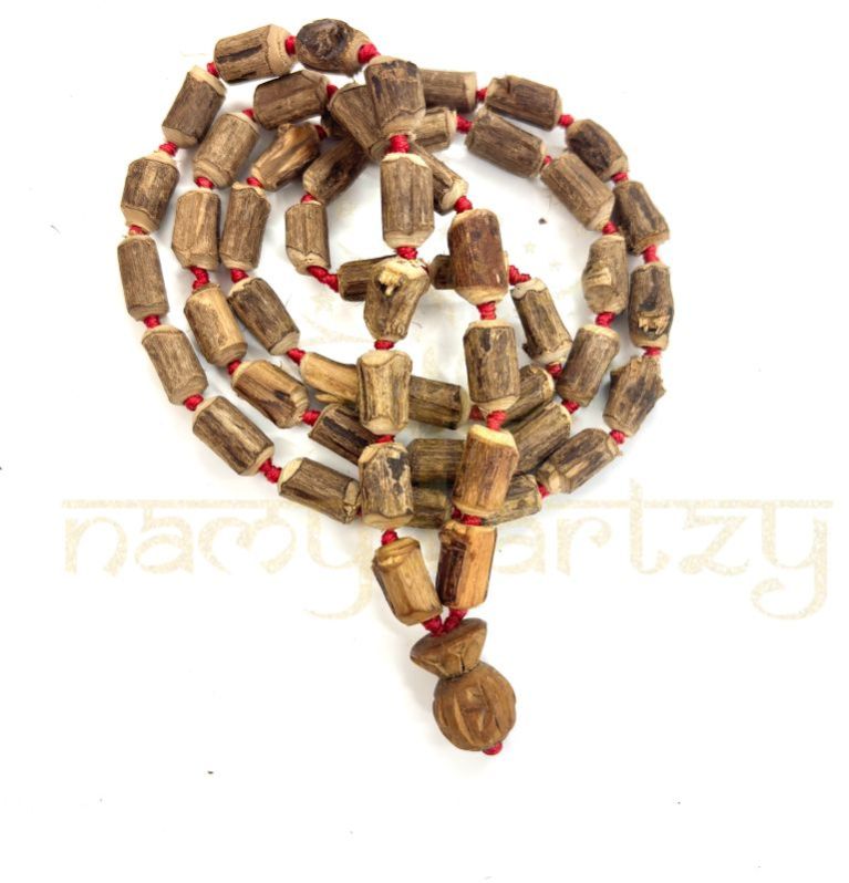 handmade raw natural tube shape 54 tulsi wood beads hand-knotted mala