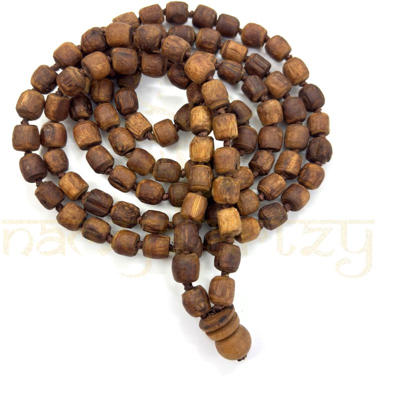 Handmade, Rough &AMP; Natural Small Cylinder Shape Tulsi 108 Beads Hand-Knotted Mala/necklace