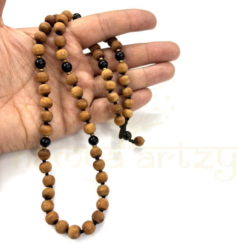 8mm Tulsi Wood 54 Smooth Beads with Black Onyx &AMP;AMP; Brass Neck-Bead Mala/necklace