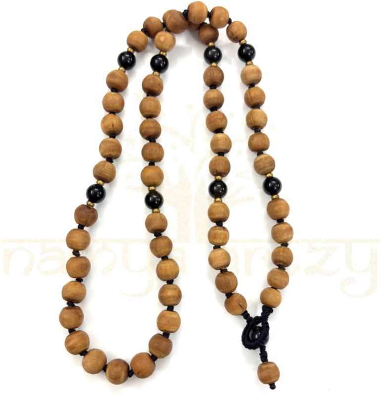 8mm Tulsi Wood 54 Smooth Beads with Black Onyx &AMP;AMP; Brass Neck-Bead Mala/necklace