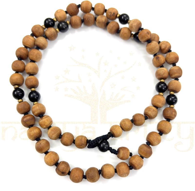 8mm Tulsi Wood 54 Smooth Beads with Black Onyx &AMP;AMP; Brass Neck-Bead Mala/necklace