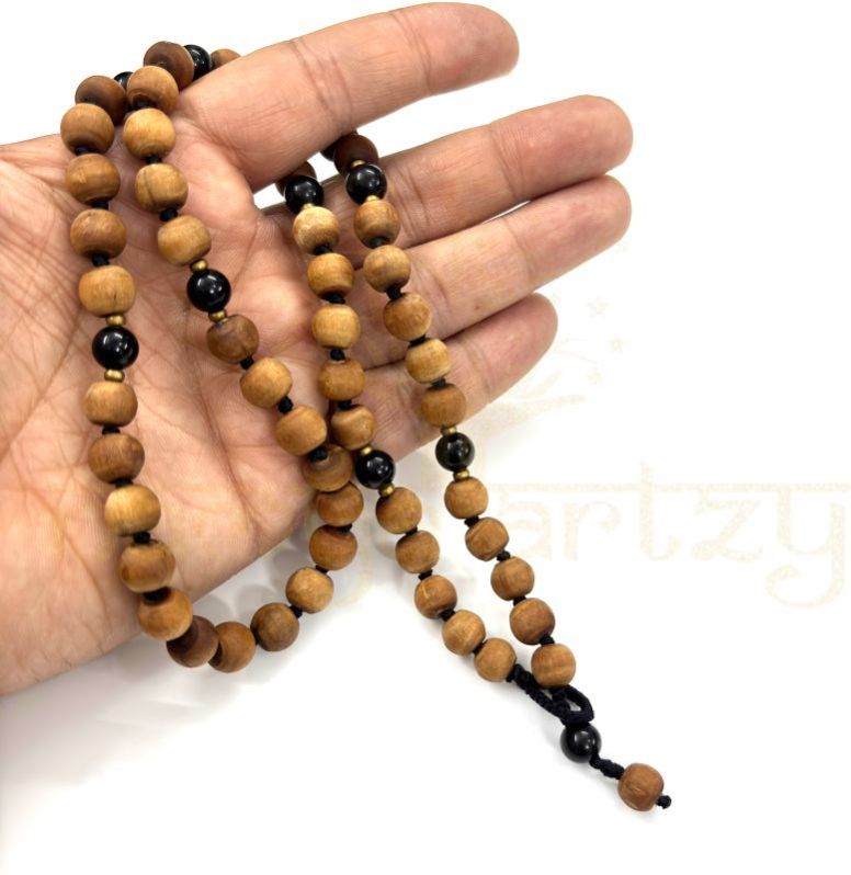 8mm Tulsi Wood 54 Smooth Beads with Black Onyx &AMP;AMP; Brass Neck-Bead Mala/necklace