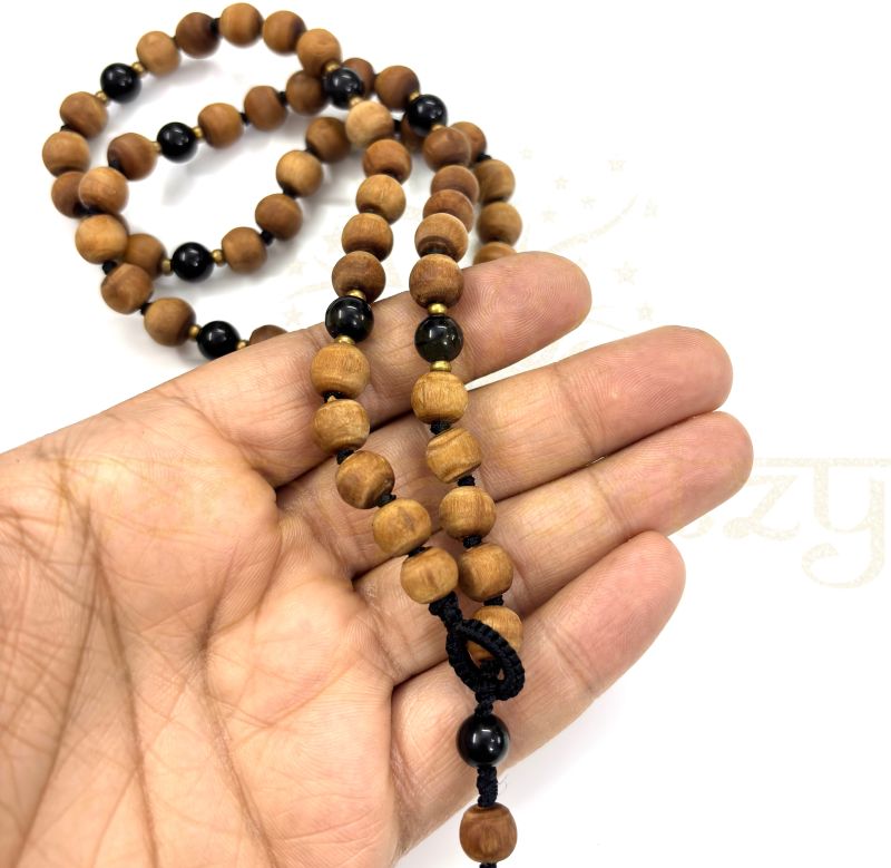 8mm Tulsi Wood 54 Smooth Beads with Black Onyx &AMP;AMP; Brass Neck-Bead Mala/necklace